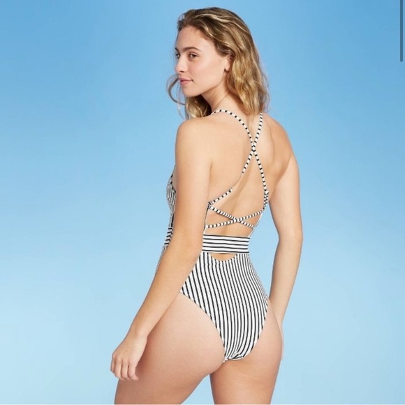 Shade & Shore Black & White Striped Ribbed One-Piece Swimsuit - Picture 2 of 6